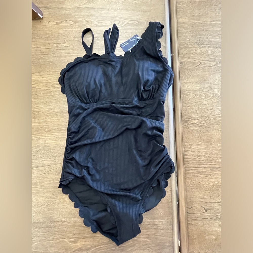 Summer Mae maternity swimsuit, one shoulder scallop, ruffle
